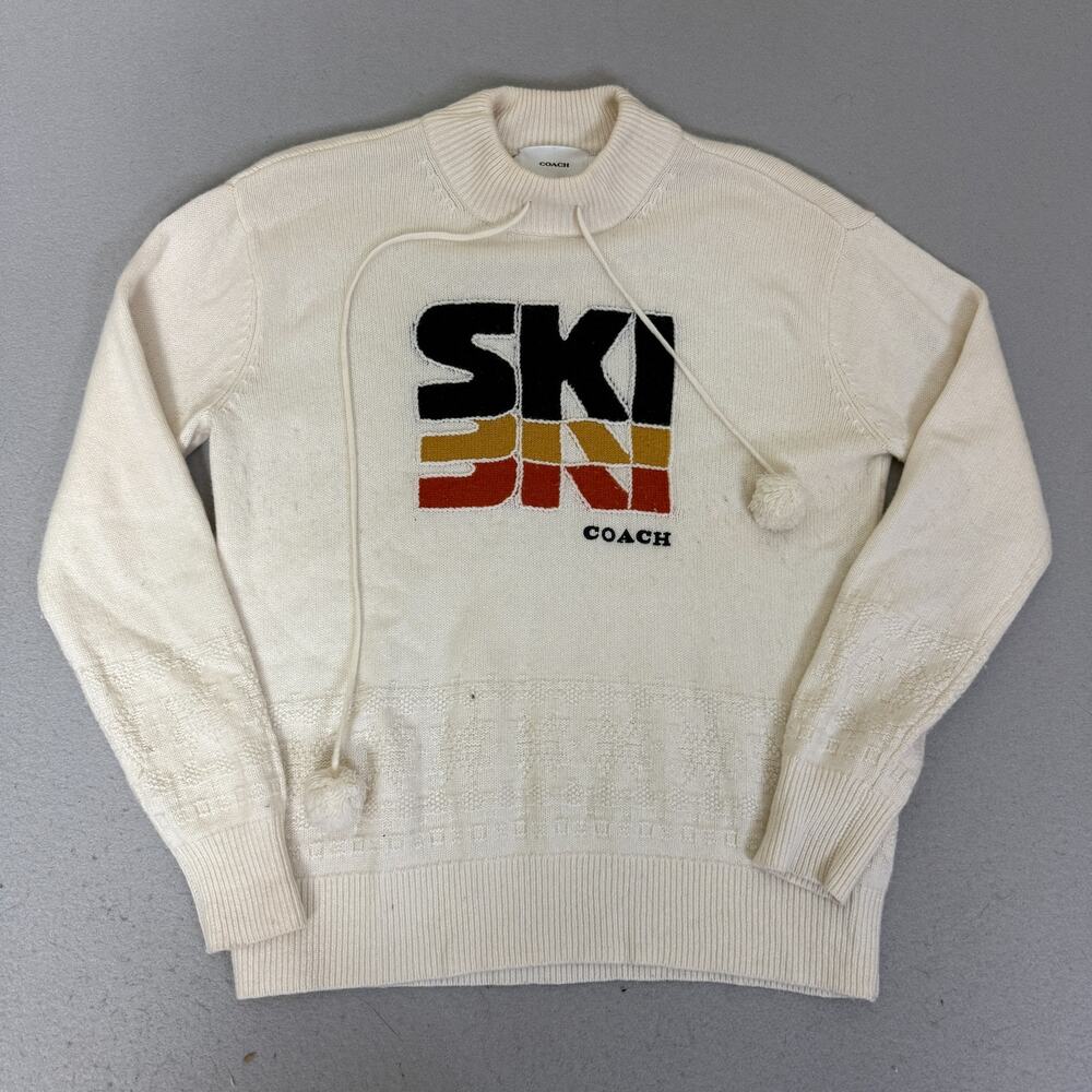 Coach Retro Ski Wool Cashmere Mock Neck Sweater Ivory Pom Pom Women’s S